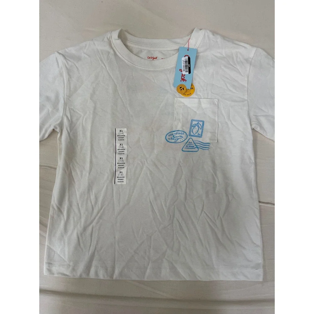 Cat & Jack Boys XL 14 White Bon Voyage Stamp Graphic Pocket Relaxed T-Shirt NWT